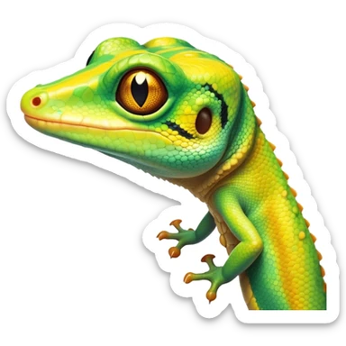 Cinematic Comical Gecko Portrait Emoji, Head tilted dramatically with an exaggeratedly shocked expression, featuring a compact, agile body with wide, comically expressive eyes and a quirky pattern of scales, Simplified yet hilariously expressive features, highly detailed, glowing with a slightly sassy tropical glow, high shine, dramatic yet playful, stylized with an air of quirky reptilian mischief, soft glowing outline, capturing the essence of a meme-worthy gecko that seems ready to scamper its way into viral fame! sticker