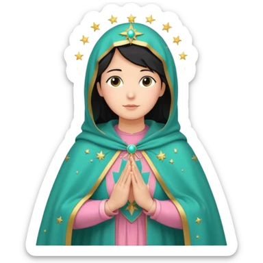 virgen maria catolica con vestido rosa palido. manto verde turquesa y pequeñas estrellas doradas, dispersas por el manto, muchas estrellas en su manto.con las manos juntas y de piel morena con pelo negro lacio sticker