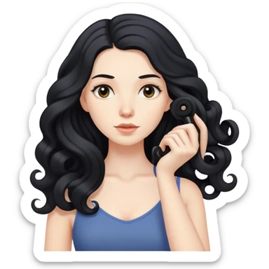 pale skinned woman with long black hair curling her hair, getting ready sticker