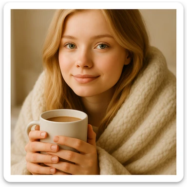 Show the blonde girl wrapped in a blanket, holding a coffee mug, with her eyes open, peaceful and cozy. Emphasize the warm and comforting mood. sticker