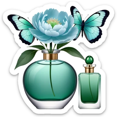 A delicate arrangement of pale blue peonies and a translucent green  butterfly near a deep green color perfume bottle.    sticker