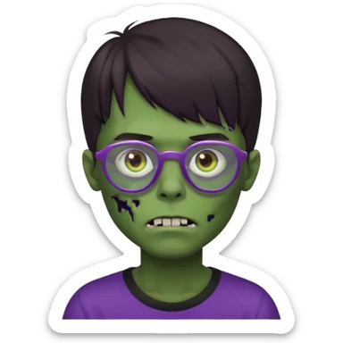 Menino zumbi com cabelo castanho escuro com franja que cubra a testa, olhos castanhos, camisa preta larga, pele verde e óculos lilás sticker