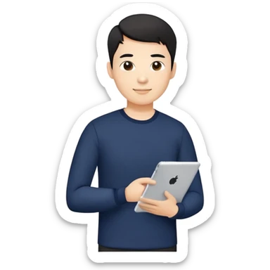 A fit Asian male teacher with short black hair and fair skin, wearing a dark navy long-sleeve shirt, holding an iPad in one hand. The style is emoji-like, clean and simple, with a friendly and professional look.

 sticker