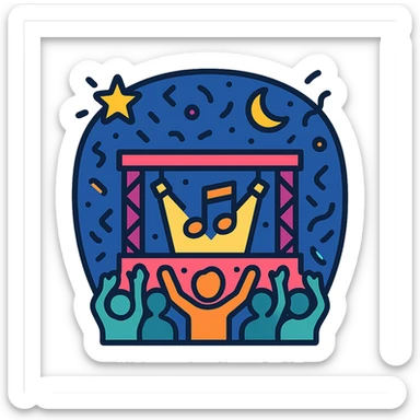 music festival, night time, glowing stage, audience with hands up, confetti, modern vector style sticker