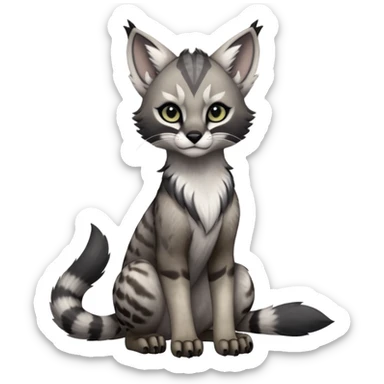 Cute kawaii cool edgy badass  ashen grey fur with smoky charcoal ombré fade fantasy-caracal-civet-genet-sergal-vernid-Gryphon-Cacomistle-Trico-oncilla-animal-Fakémon-hybrid-fursona (full body), facial markings, (realism style) sticker