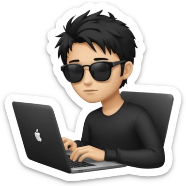 a PRETTY BRATZ boy with black messy hair, black sunglasses, on laptop sticker