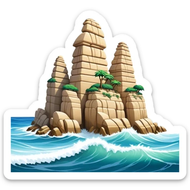 Cinematic Realistic Raouche Rocks, Beirut Landmark Emoji, depicting the majestic limestone rock formations rising from the Mediterranean Sea, with waves crashing against their bases under a vibrant sky. sticker