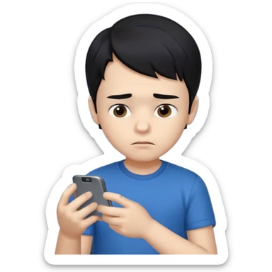 un niño de entre 3 - 10 años jugando con su celular, cansado en una habitacion apagada, el niño tiene piel blanca y cabello negro (hombre)

 sticker