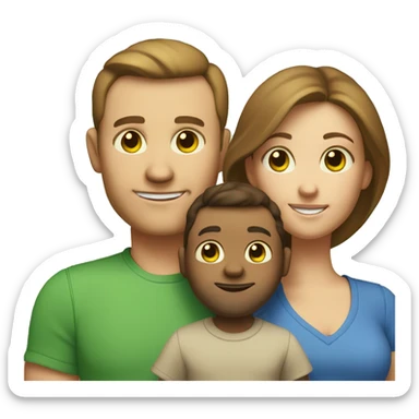 A family of three. The mom is pale with brown hair and green eyes and freckles. The dad is slightly tan with brown hair, brown eyes and a crooked closed mouth smile. The baby is an infant, with light brown hair, blue eyes, and a fire truck shirt sticker