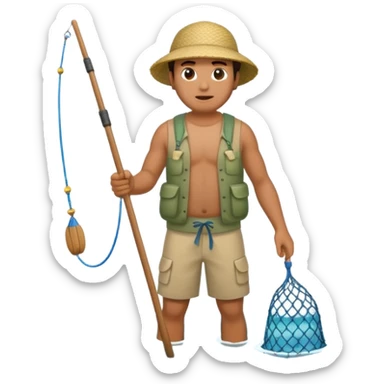 A Polynesian fisherman standing in the water fishing with a net sticker