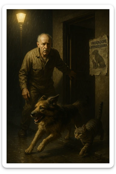 Un uomo anziano in tuta da lavoro, con espressione angosciata, tiene aperta la porta di casa mentre il suo cane (un meticcio a pelo lungo) e il gatto (soriano) scappano nella strada buia sotto la pioggia. Particelle di polvere/pulci fluttuano nell'aria illuminata dal lampione. Sullo sfondo, un poster strappato del veterinario con scritto 'Prevenzione antiparassitaria'. Stile fotorealistico, illuminazione Caravaggesca, toni grigi e ocra. in italiano sticker
