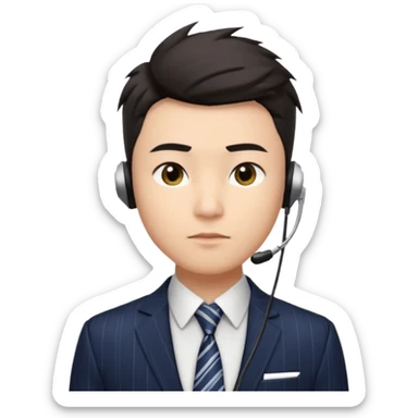 A young Asian man with light skin, short dark hair styled upward with a sharp spiked swoop in front, slightly narrowed almond-shaped eyes with a confident, knowing squint, a clean-shaven face, and a sleek single-ear headset, wearing a dark pinstripe suit with a patterned shirt tie sticker