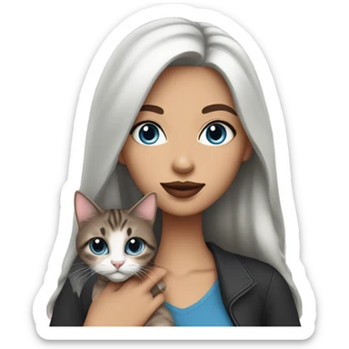 Woman with dark long hair, pink lips and blue eyes holding a tabby cat  sticker