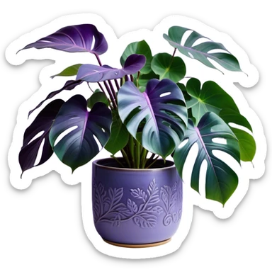A stunning purple monstera plant with deep violet-green leaves, each leaf elegantly veined with subtle shades of purple, creating an ethereal glow. The plant is flourishing in a beautifully crafted lavender ceramic pot with intricate embossed floral patterns. The background features a softly blurred, moody violet gradient, enhancing the plant’s lush aesthetic. Delicate strands of ivy and tiny lavender blossoms cascade around the pot, adding depth and harmony. Soft, diffused lighting casts a gentle glow, emphasizing the plant’s unique coloration and creating a dreamy, artistic composition. sticker