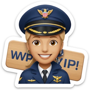 Slack-style emoji of a pilot wearing a navy captain hat holding a board with the text "WIP" on it sticker