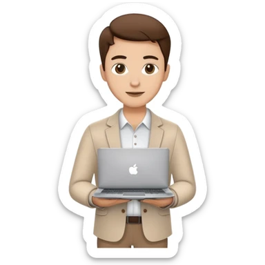 business owner confidently, holding a closed laptop in one hand and a takeaway coffee cup in the other. The character wears casual-smart clothes. sticker