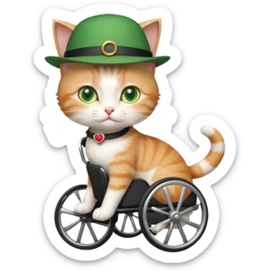 full body small short hair ginger and white cat with green eyes walking in a wheelchair for cats sticker