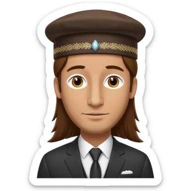 Man with a long nose wearing a suit and kippah, he has long brown hair with a payot sticker