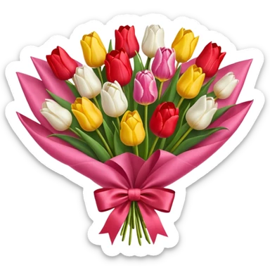 bouquet of many tulip with bow and yellow wrapping paper sticker