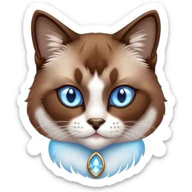 Cinematic Noble Brown Mantle Snowshoe Cat Portrait Emoji, Poised and regal, with sleek brown fur draping elegantly over its back like a mantle, contrasted by a crisp white chest, paws, and facial markings, piercing icy-blue eyes, Simplified yet sharp and sophisticated features, highly detailed, glowing with a soft, dignified glow, high shine, intelligent and graceful, stylized with an air of elegance, focused and attentive, soft glowing outline, capturing the essence of a watchful and refined feline, so majestic it feels as though it could glide across the screen with effortless confidence! sticker