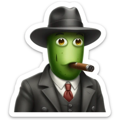 1930s gangster cucumber with a cigar and thompson gun sticker