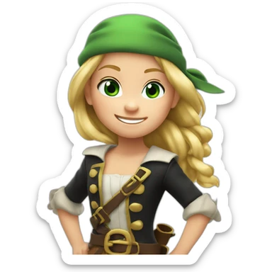 Female kid pirate, green eyed, blonde hair, dressed with pirate clothes, pixar style, 4k, smiling sticker