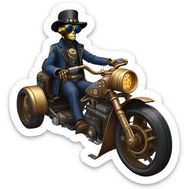 Bounty hunter C-3PO Jedi wearing a pair of navy-blue rimmed steampunk goggles, hat, leather chaps, fringe jacket riding a relaxed sci-fi 3 wheeler reverse-trike steampunk rat rod motorcycle with large fenders and saddlebags in desert town  sticker