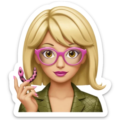 a snake with a bitchy face, a dirty blonde wig, pink pointy nails and square frame golden glasses sticker