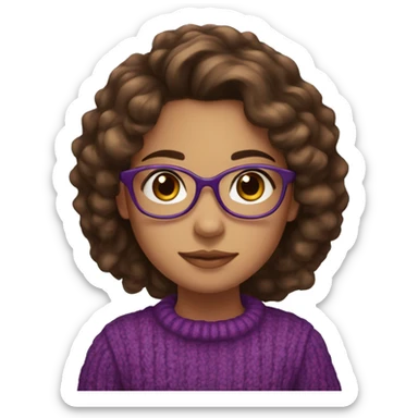 young girl, young hispanic, long brown hair, long curly brown hair, brown eyes, purple winter sweater, glasses sticker