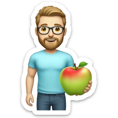 A male nutritionist with a full beard and dark blonde hair and white skin and glasses holding an apple in his hand. Who has a light blue shirt on. sticker