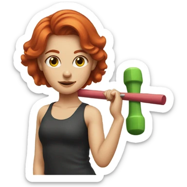 Red headed girl doing a workout with a green drumstick in each hand with the drumsticks crossed in front of her sticker