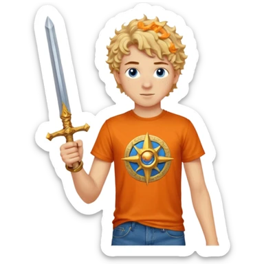 20 year old boy with curly blond hair and blue eyes with freckles wearing an orange no blue “Camp Halfblood” tshirt with the official percy jackson camp halfblood logo on it and blue jeans have him swinging a gold sword  sticker