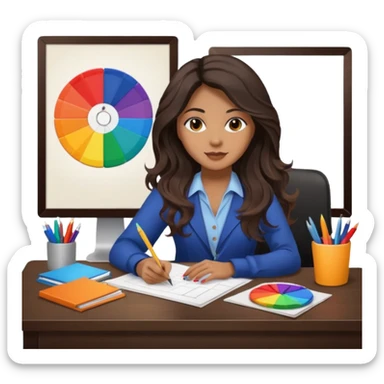 female dark wavy long hair graphic designer , holding color wheel , pens, papers, desktop sticker