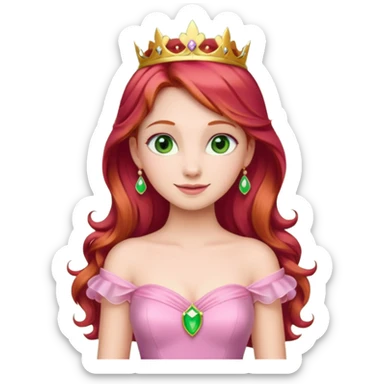 Aurora princess, classic fairytale style, red hair, pink gown, gentle smile, green amber eyes, standing pose, emoji style sticker