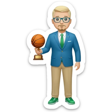 Full Body white fat male  wearing glasses with a goatee with light blonde gray very short hair basketball head Coach in blue and green suit holding trophy sticker