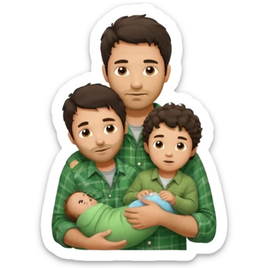 A father with messy medium-length dark hair and light stubble, wearing a green flannel shirt. He holds his child who has short curly brown hair and a cream-colored romper. Cozy warm lighting, authentic family moment. sticker