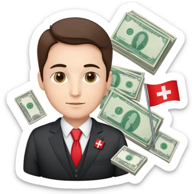 Swiss financial expert with business suit, Swiss flag pin, charts and money sticker