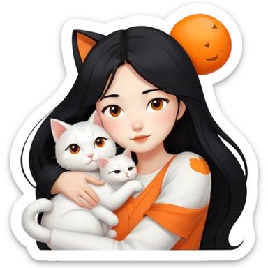 East Asian girl with long flowing black hair hugging a predominantly white cat with orange patches, sweet and gentle, cute facial expressions sticker