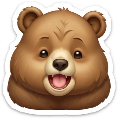 Cinematic Cute Yawning bear cub Portrait Emoji, Head tilted slightly with a dramatic, wide-open yawn, showcasing a soft, plush dark brown fur with drooping ears, round eyes barely open in drowsy contentment, Simplified yet irresistibly adorable features, highly detailed, glowing with a soft, cozy glow, high shine, relaxed yet expressive, stylized with a touch of woodland charm, bright and endearing, soft glowing outline, capturing the essence of a sleepy yet affectionate bear cub, so drowsy it feels like it could lumber out of the screen and curl up for a nap! sticker