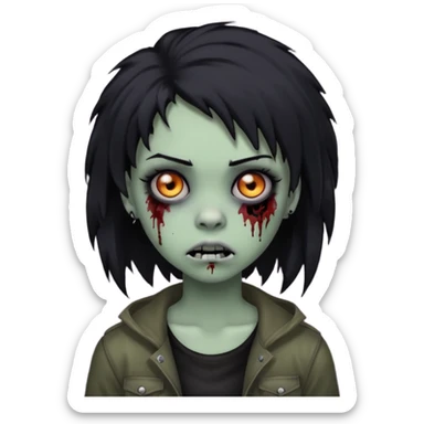 girl, zombie, black coily hair, medium long, emo, shaggy, dark, spooky, piercing on eyebrow, creepy blank expression sticker