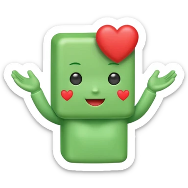 A cute green block-headed mascot with a happy face and blush, wearing “FGH” on its chest. It holds a shiny red heart in one hand. Chibi style, soft glow outline, cheerful and friendly. sticker