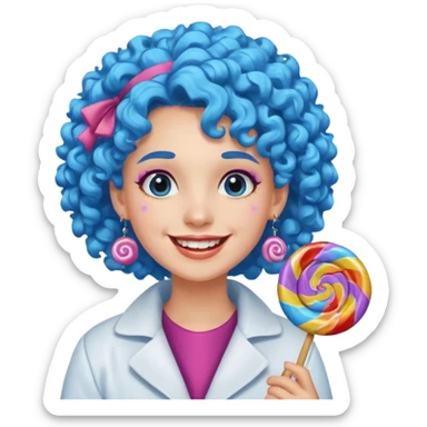 candy shop vendor, looking like candy with candy earrings and candy hair with big smile and blue curly hair sticker