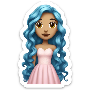 A beautiful girl with long flowing wavy blue hair with her skin, the color of a peel and snowflake, wearing a lovely dress, the color of the lightest pink in the world sticker