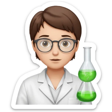 Portrait of a young scientist wearing a white lab coat, glasses, curious expression sticker