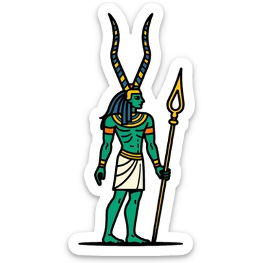 Egyptian god Osiris with green skin, Atef crown, mummified body, holding crook and flail sticker