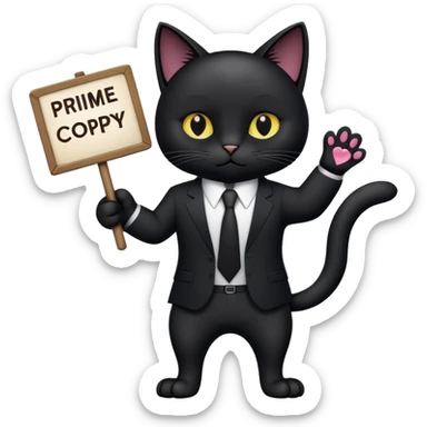 A black cat in a black business suit holds a sign with the inscription "PrimeCopy" in one paw sticker