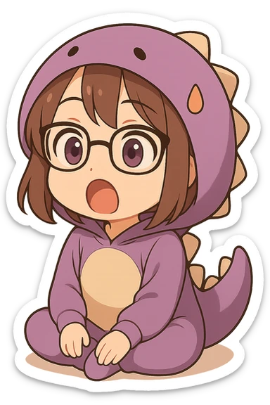 Chibi anime style gamer girl with glasses, brown hair, dark purple eyes, wearing a purple dinosaur costume, sitting pose, surprised expression, no controller, no background, same style as reference. sticker