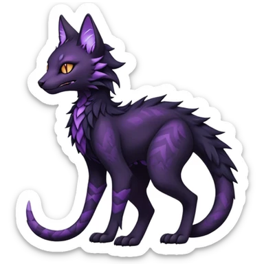 Kawaii dark black purplish blackish edgy fantasy ethereal feline-vernid-sergal-fursona animal creature with a tufted tail full body with intricate markings  sticker