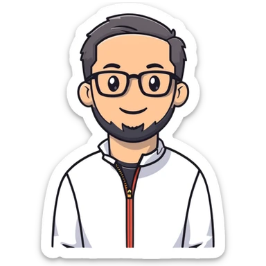 Light-skinned man with short black hair styled upwards, full short graying beard, smiling, wearing large black-framed glasses and a black long-sleeve sports shirt with zip at the neck sticker