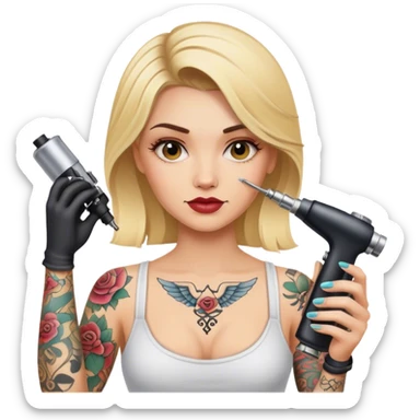 blonde tattoo artist with tattoo holding tattoo machine sticker